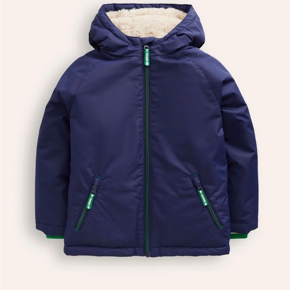 Mini Boden Blue Puffer Jacket with Green Details